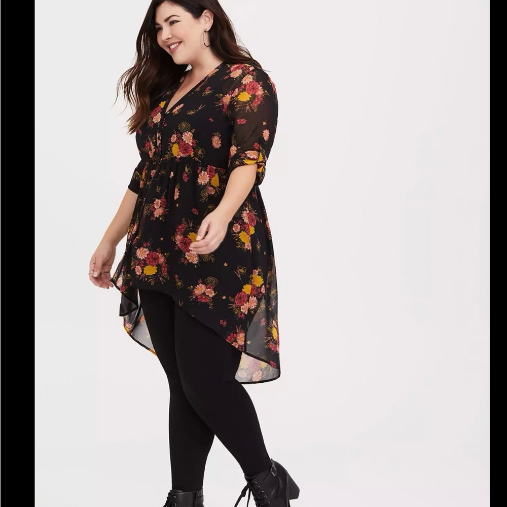 Torrid Black Floral High Low Tunic Top